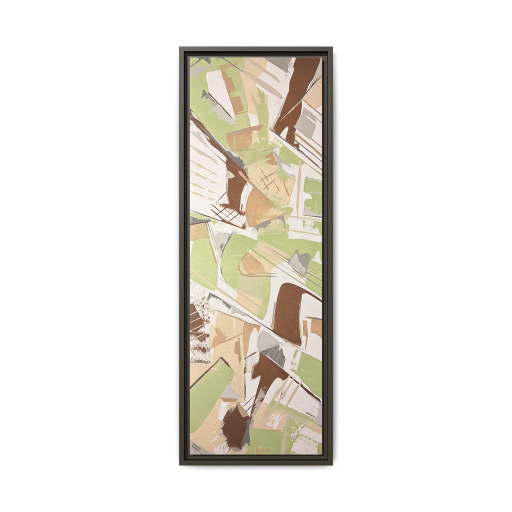 Front view of the "Slim Sage" Tall Framed Canvas Art by FREEBRD on a vertical canvas with a 1.25" thickness, showcasing abstract brushstroke textures in sage green, warm taupe, and muted brown, framed in a certified espresso wood frame.