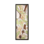 Front view of the "Slim Sage" Tall Framed Canvas Art by FREEBRD on a vertical canvas with a 1.25" thickness, showcasing abstract brushstroke textures in sage green, warm taupe, and muted brown, framed in a certified espresso wood frame.