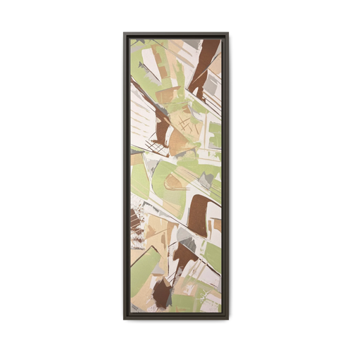 Front view of the "Slim Sage" Tall Framed Canvas Art by FREEBRD on a vertical canvas with a 1.25" thickness, showcasing abstract brushstroke textures in sage green, warm taupe, and muted brown, framed in a certified espresso wood frame.