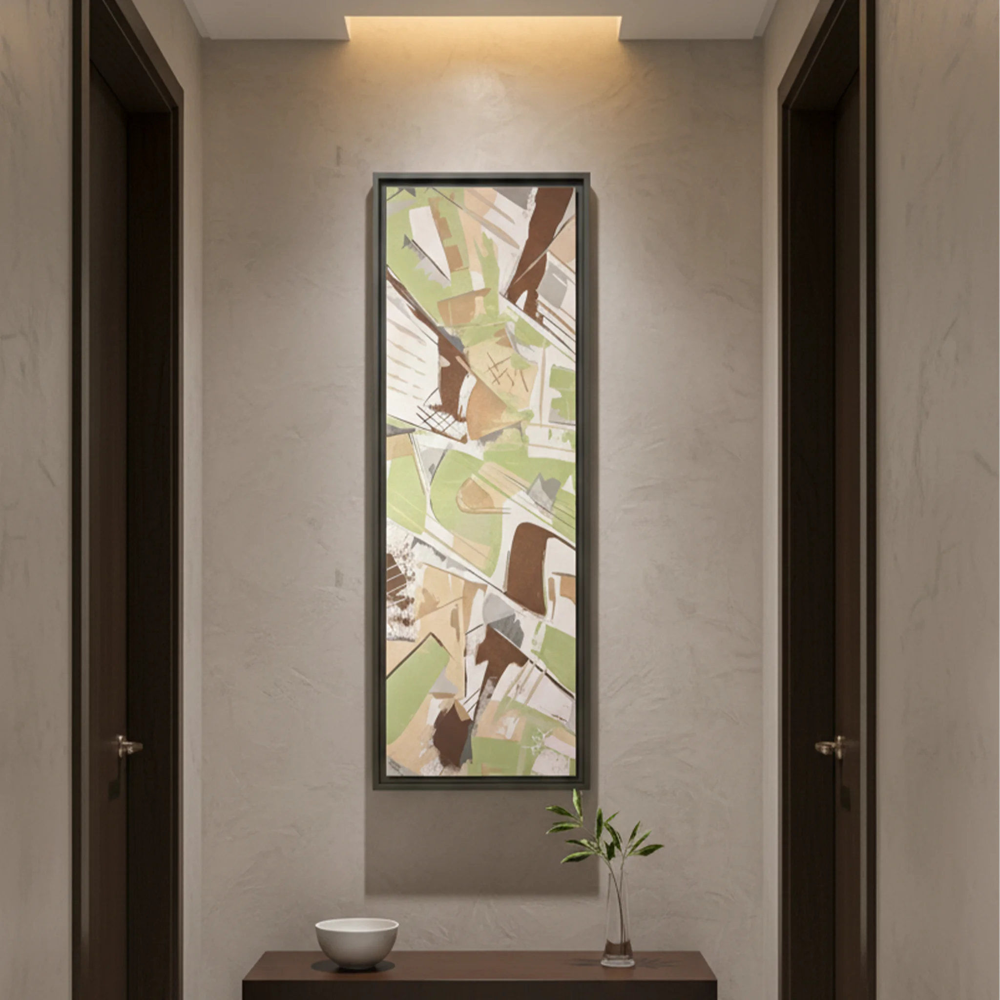 'Slim Sage’ FREEBRD artwork, styled in a bathroom entryway lifestyle.