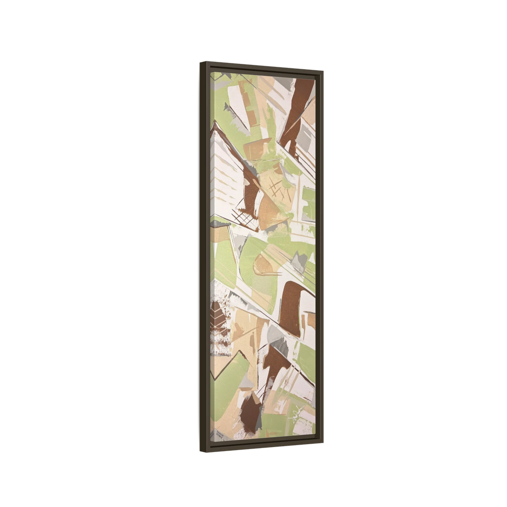 Side view of the "Slim Sage" Tall Framed Canvas Art by FREEBRD on a vertical canvas with a 1.25" thickness, showcasing abstract brushstroke textures in sage green, warm taupe, and muted brown, framed in a certified espresso wood frame.