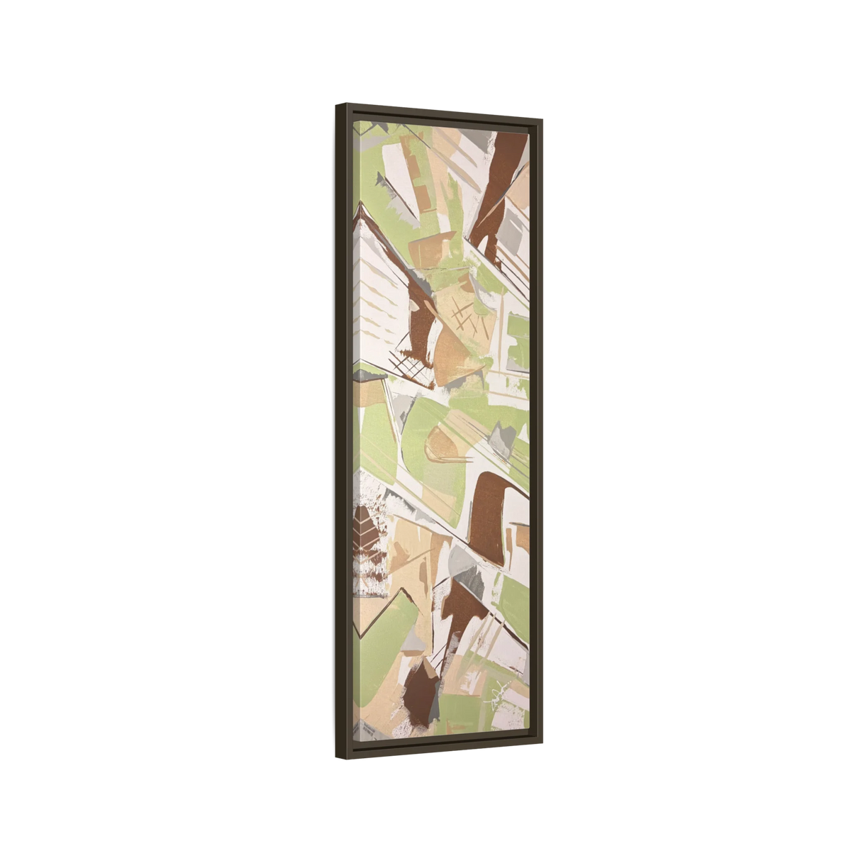 Side view of the "Slim Sage" Tall Framed Canvas Art by FREEBRD on a vertical canvas with a 1.25" thickness, showcasing abstract palette knife scrape textures in sage green, warm taupe, and muted brown, framed in a certified espresso wood frame.