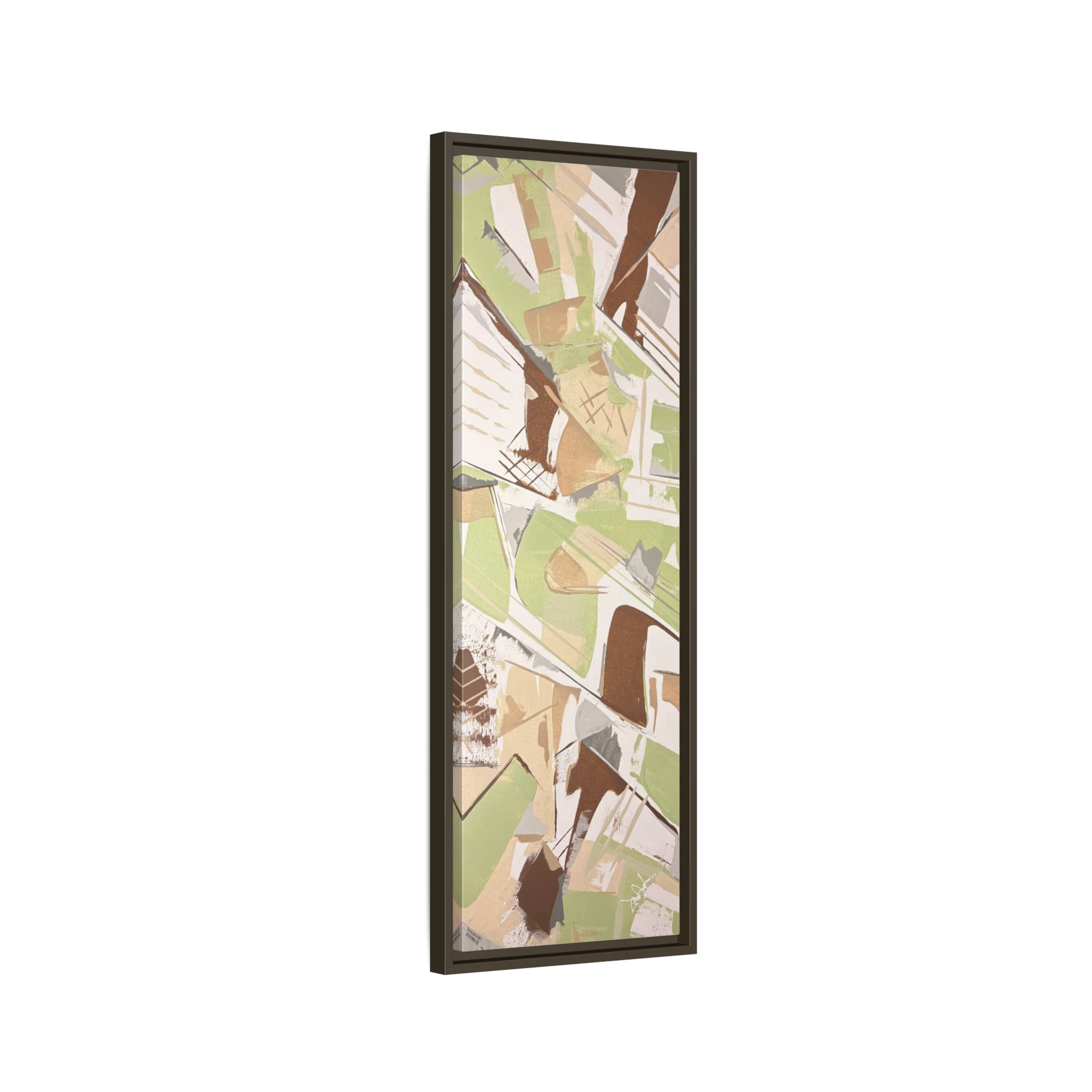 Side view of the "Slim Sage" Tall Framed Canvas Art by FREEBRD on a vertical canvas with a 1.25" thickness, showcasing abstract brushstroke textures in sage green, warm taupe, and muted brown, framed in a certified espresso wood frame.