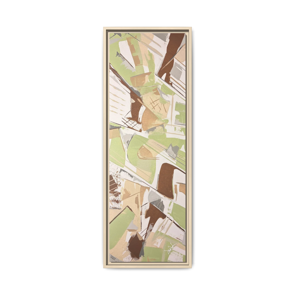 Front view of the "Slim Sage" Tall Framed Canvas Art by FREEBRD on a vertical canvas with a 1.25" thickness, showcasing abstract brushstroke textures in sage green, warm taupe, and muted brown, framed in a certified natural wood frame.