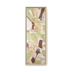 Front view of the "Slim Sage" Tall Framed Canvas Art by FREEBRD on a vertical canvas with a 1.25" thickness, showcasing abstract brushstroke textures in sage green, warm taupe, and muted brown, framed in a certified natural wood frame.