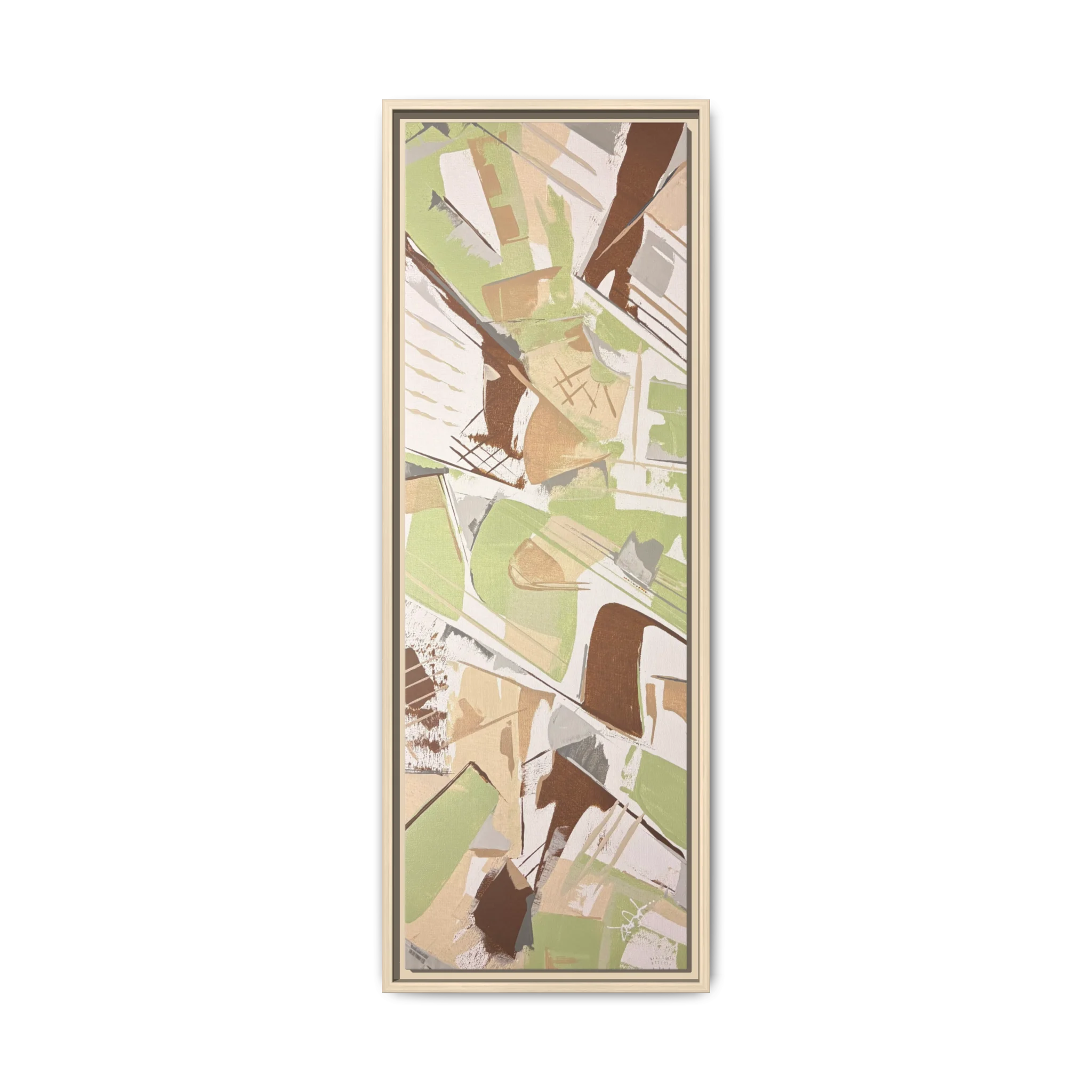 Front view of the "Slim Sage" Tall Framed Canvas Art by FREEBRD on a vertical canvas with a 1.25" thickness, showcasing abstract brushstroke textures in sage green, warm taupe, and muted brown, framed in a certified natural wood frame.