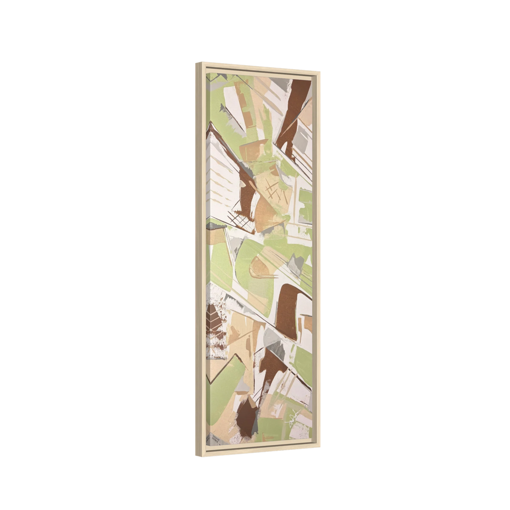 Side view of the "Slim Sage" Tall Framed Canvas Art by FREEBRD on a vertical canvas with a 1.25" thickness, showcasing abstract brushstroke textures in sage green, warm taupe, and muted brown, framed in a certified natural wood frame.