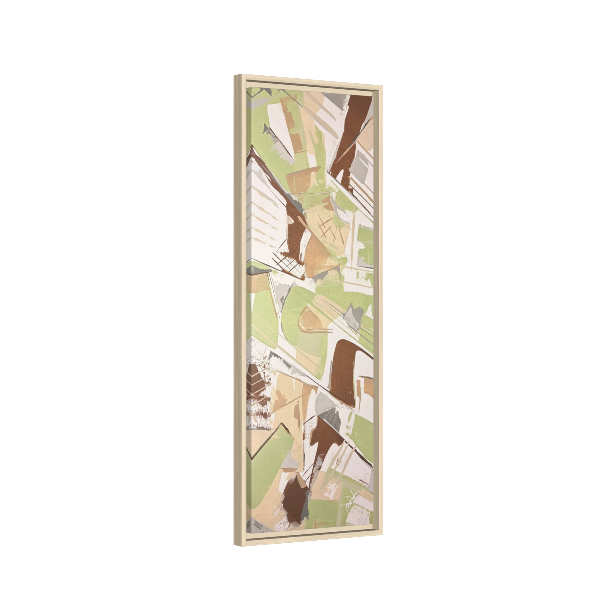 Side view of the "Slim Sage" Tall Framed Canvas Art by FREEBRD on a vertical canvas with a 1.25" thickness, showcasing abstract brushstroke textures in sage green, warm taupe, and muted brown, framed in a certified natural wood frame.