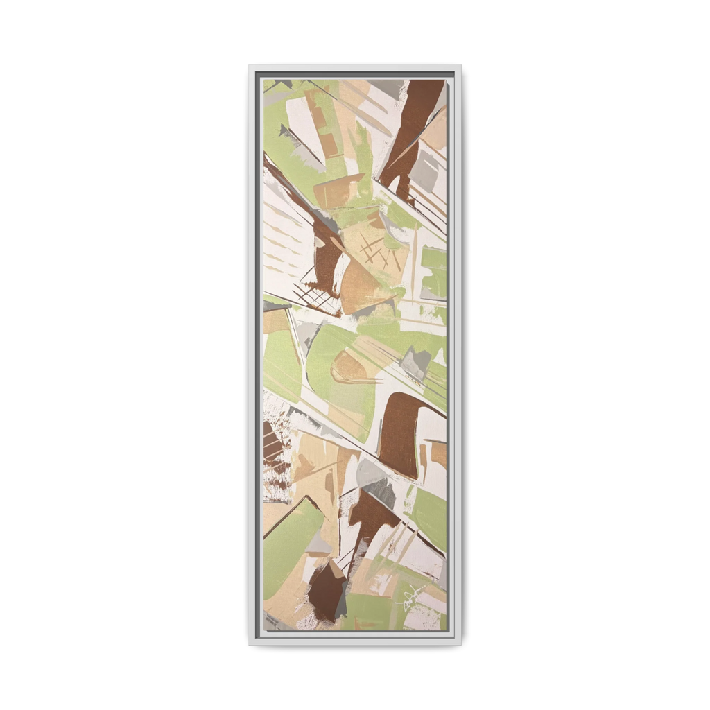 Front view of the "Slim Sage" Tall Framed Canvas Art by FREEBRD on a vertical canvas with a 1.25" thickness, showcasing abstract brushstroke textures in sage green, warm taupe, and muted brown, framed in a certified white wood frame.