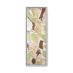 Front view of the "Slim Sage" Tall Framed Canvas Art by FREEBRD on a vertical canvas with a 1.25" thickness, showcasing abstract brushstroke textures in sage green, warm taupe, and muted brown, framed in a certified white wood frame.