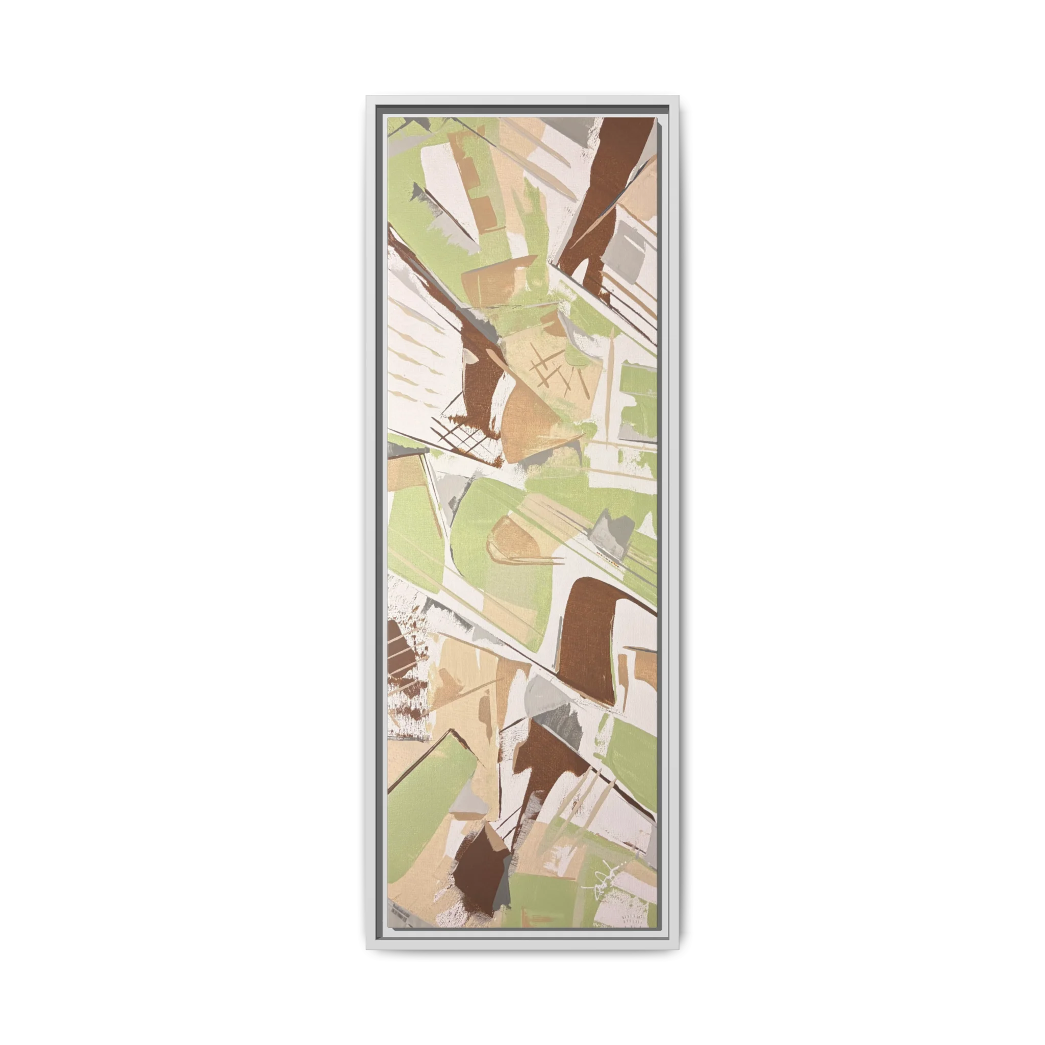 Front view of the "Slim Sage" Tall Framed Canvas Art by FREEBRD on a vertical canvas with a 1.25" thickness, showcasing abstract brushstroke textures in sage green, warm taupe, and muted brown, framed in a certified white wood frame.