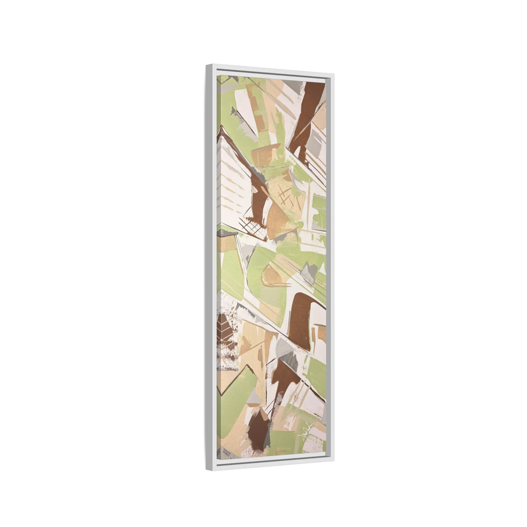 Side view of the "Slim Sage" Tall Framed Canvas Art by FREEBRD on a vertical canvas with a 1.25" thickness, showcasing abstract brushstroke textures in sage green, warm taupe, and muted brown, framed in a certified white wood frame.