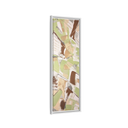 Side view of the "Slim Sage" Tall Framed Canvas Art by FREEBRD on a vertical canvas with a 1.25" thickness, showcasing abstract brushstroke textures in sage green, warm taupe, and muted brown, framed in a certified white wood frame.