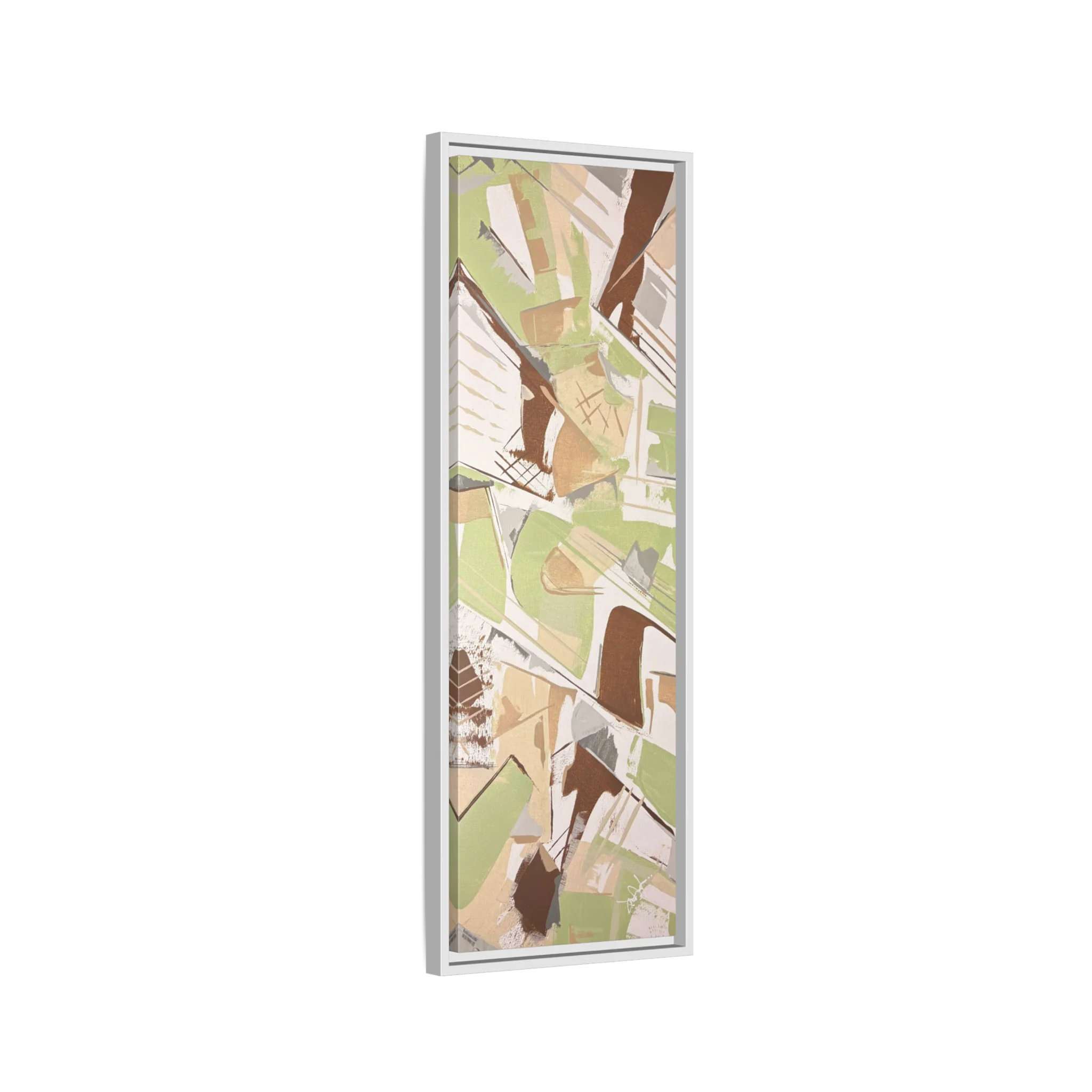 Side view of the "Slim Sage" Tall Framed Canvas Art by FREEBRD on a vertical canvas with a 1.25" thickness, showcasing abstract brushstroke textures in sage green, warm taupe, and muted brown, framed in a certified white wood frame.
