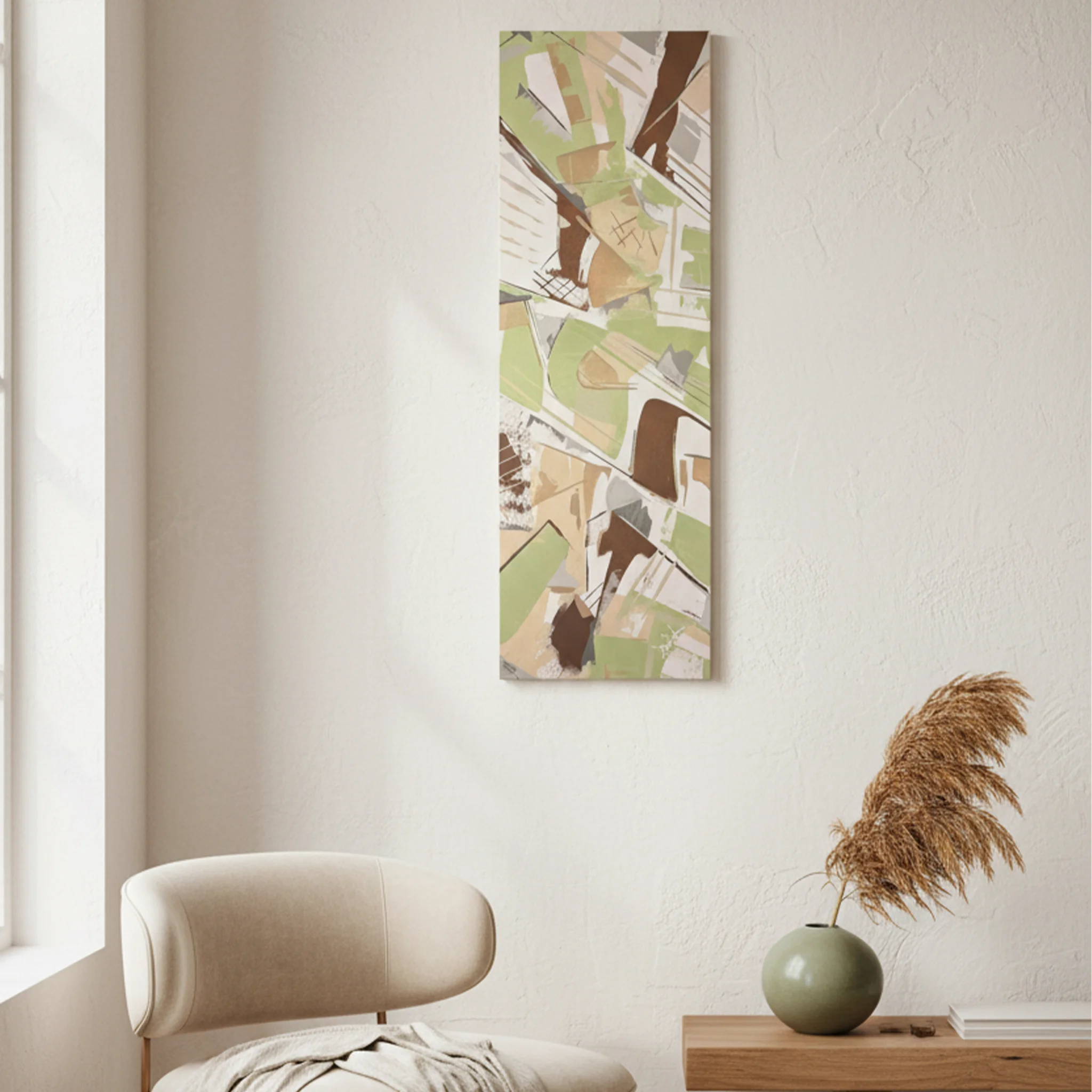 Slim Sage abstract vertical canvas art in minimalist living room, sage green, espresso and tan palette knife scrapes, unframed canvas above boucle chair with dried stem and olive ceramic vase, warm natural light.
