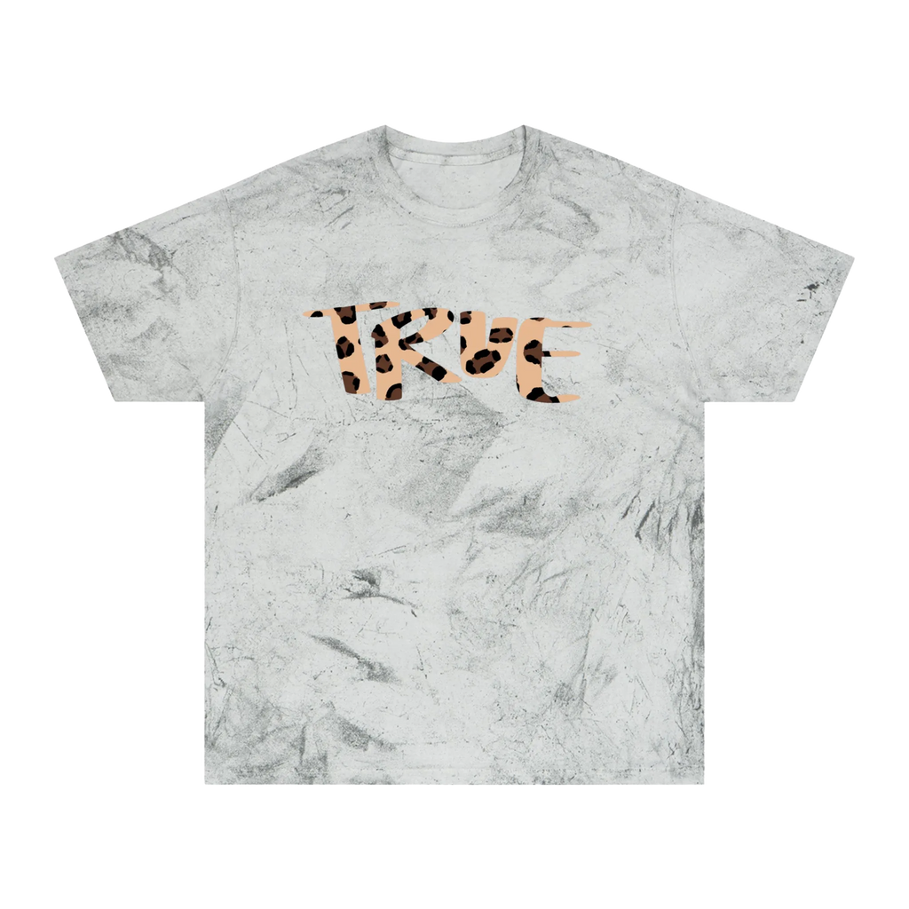 A smoke garment-dyed marble wash t-shirt with an oversized cheetah print 'True' graphic across the chest in peach and brown.