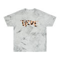 A smoke garment-dyed marble wash t-shirt with an oversized cheetah print 'True' graphic across the chest in peach and brown.