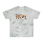 A smoke garment-dyed marble wash t-shirt with an oversized cheetah print 'True' graphic across the chest in peach and brown.