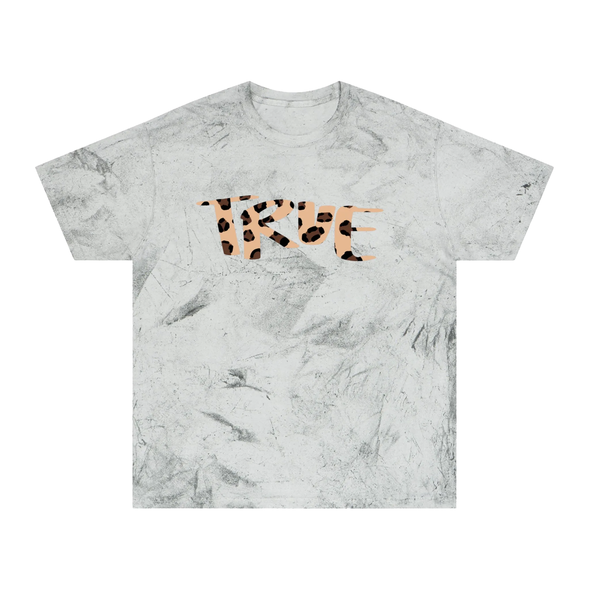 A smoke garment-dyed marble wash t-shirt with an oversized cheetah print 'True' graphic across the chest in peach and brown.