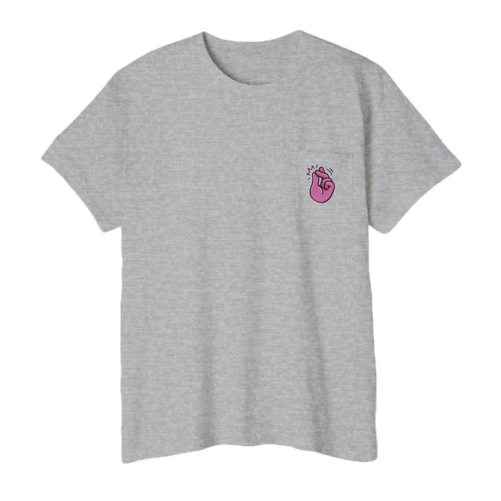 A FREEBRD sport grey classic cotton pocket t-shirt with a baby pink cartoon finger-snap Clock It graphic printed on the front chest pocket.