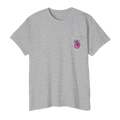 A FREEBRD sport grey classic cotton pocket t-shirt with a baby pink cartoon finger-snap Clock It graphic printed on the front chest pocket.