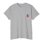 A FREEBRD sport grey classic cotton pocket t-shirt with a baby pink cartoon finger-snap Clock It graphic printed on the front chest pocket.