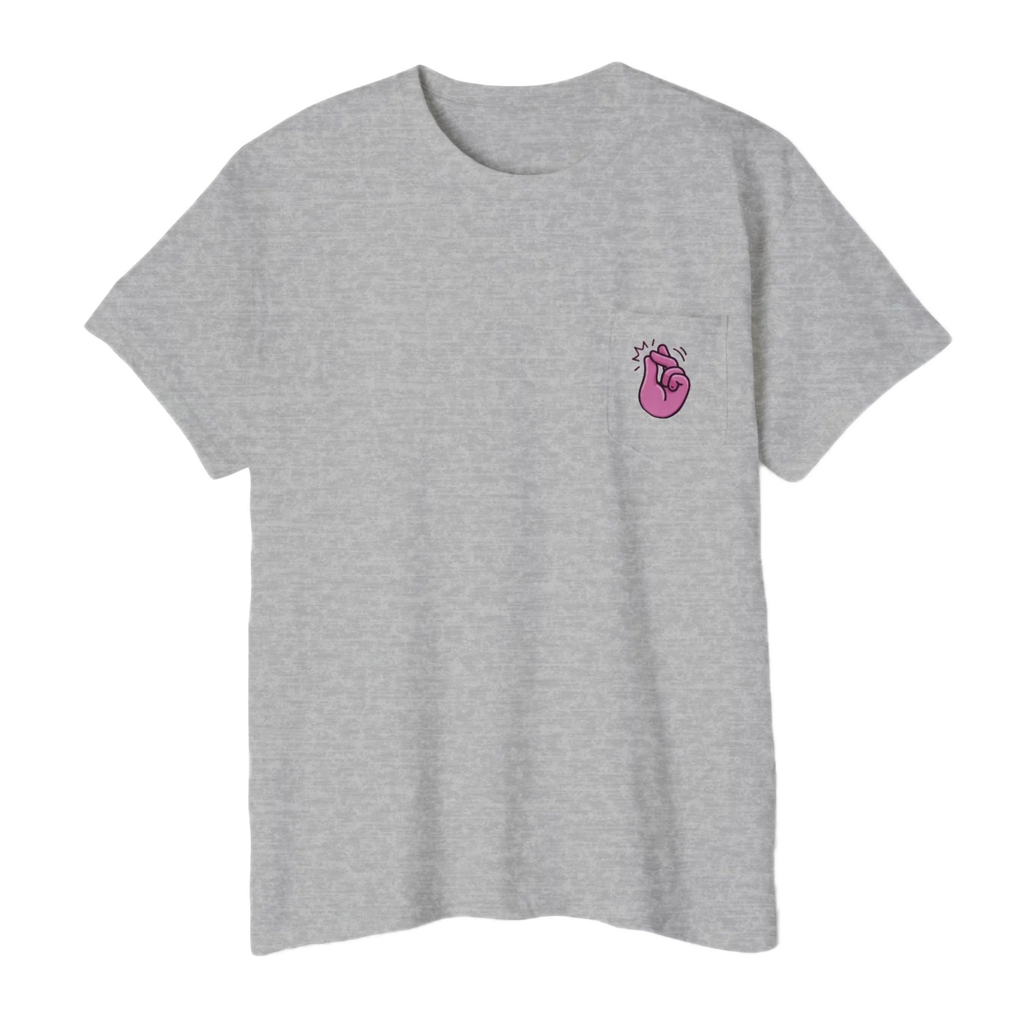 A FREEBRD sport grey classic cotton pocket t-shirt with a baby pink cartoon finger-snap 'Clock It' graphic printed on the front chest pocket.