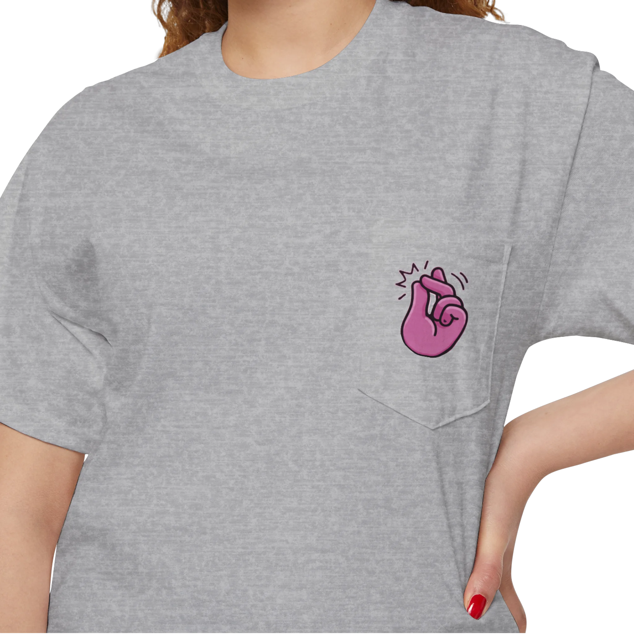 A person wearing a FREEBRD sport grey classic cotton pocket t-shirt with a baby pink cartoon finger-snap Clock It graphic printed on the front chest pocket.