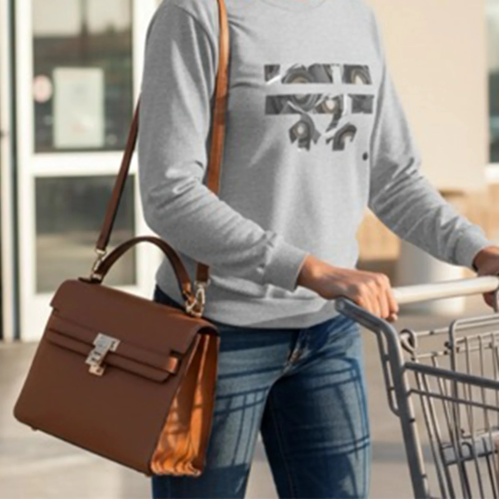 Sport Grey Retro Camera FREEBRD logo long sleeve tee styled with crossbody bag, outdoor lifestyle front view.
