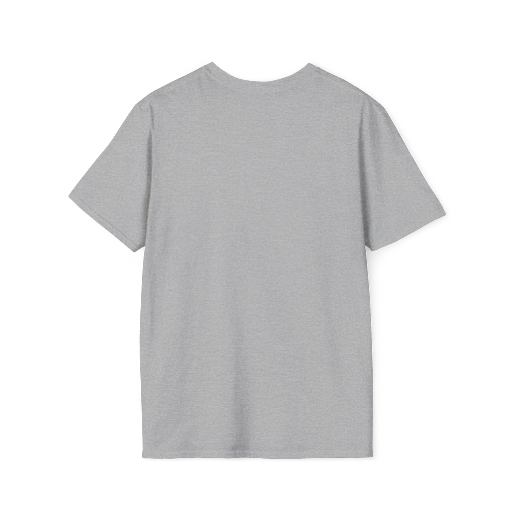A back view of the sport grey glitch panda coffee t-shirt with a purple FREEBRD logo on the inner neck label.