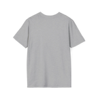 A back view of the sport grey glitch panda coffee t-shirt with a purple FREEBRD logo on the inner neck label.