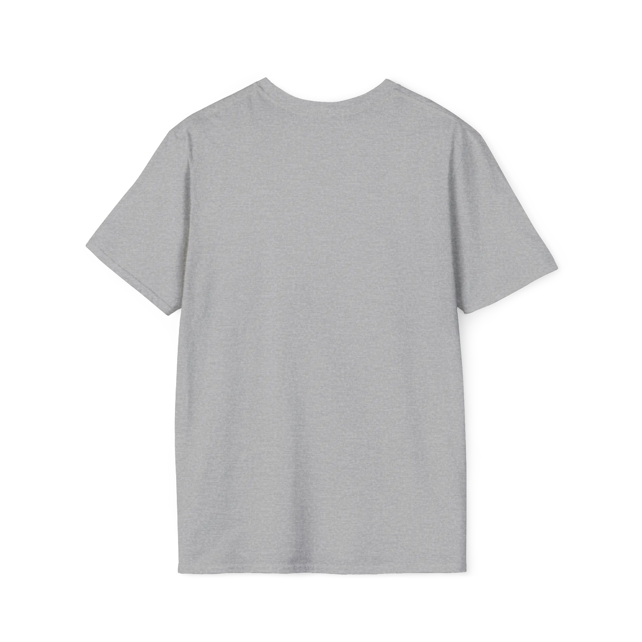 A back view of the sport grey glitch panda coffee t-shirt with a purple FREEBRD logo on the inner neck label.