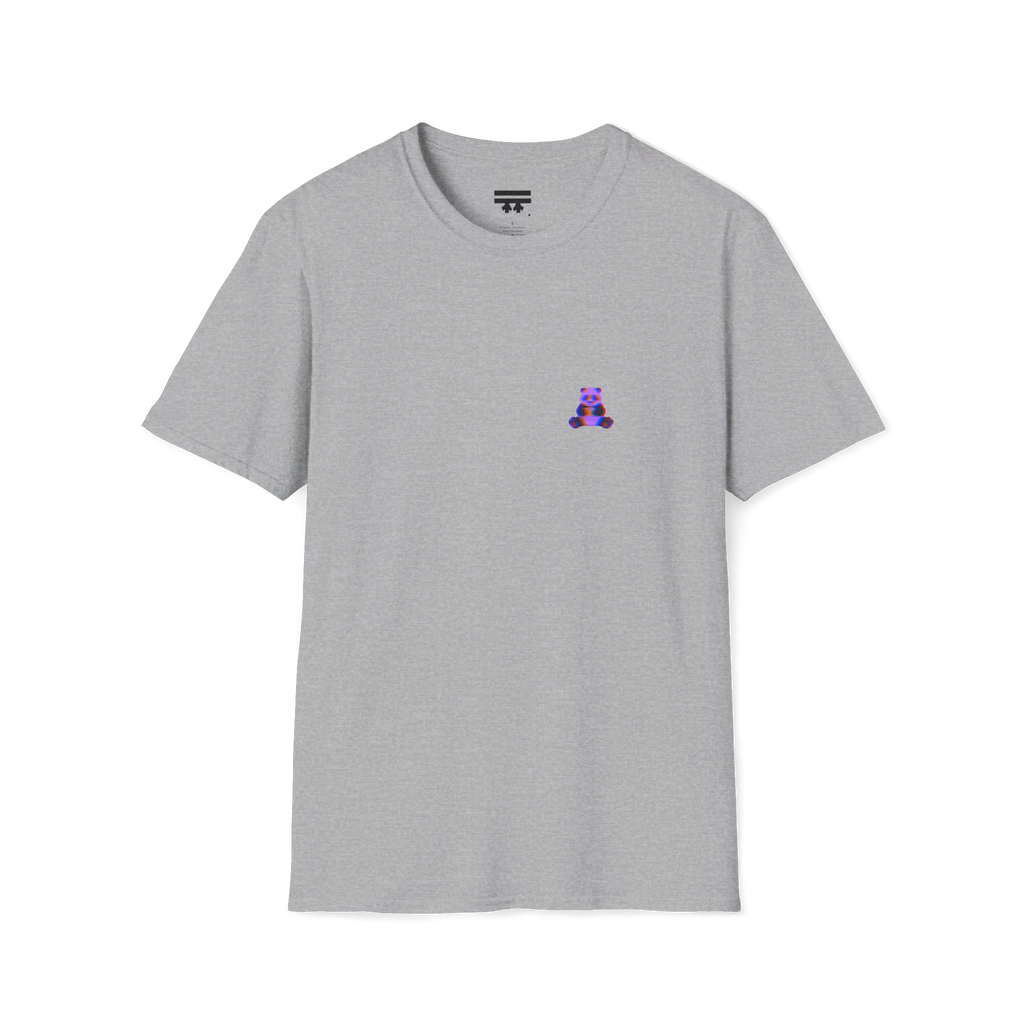 A front preview of the sport grey glitch panda coffee t-shirt featuring a small glitch art pixel panda holding a coffee cup with a chromatic aberration effect in purple, blue, and red on the left chest.