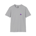 A front preview of the sport grey glitch panda coffee t-shirt featuring a small glitch art pixel panda holding a coffee cup with a chromatic aberration effect in purple, blue, and red on the left chest.
