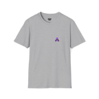 A front preview of the sport grey glitch panda coffee t-shirt featuring a small glitch art pixel panda holding a coffee cup with a chromatic aberration effect in purple, blue, and red on the left chest.