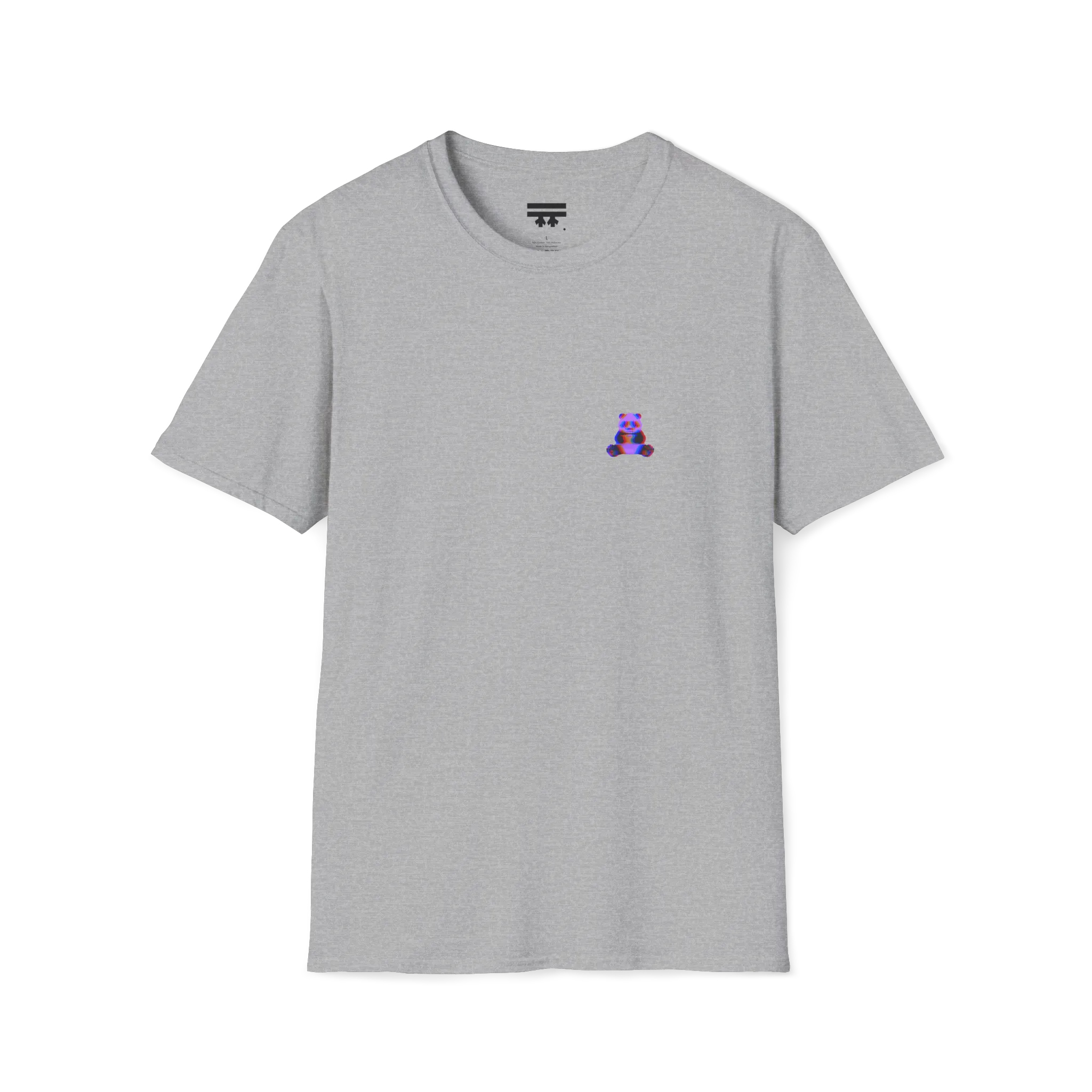 A front preview of the sport grey glitch panda coffee t-shirt featuring a small glitch art pixel panda holding a coffee cup with a chromatic aberration effect in purple, blue, and red on the left chest.