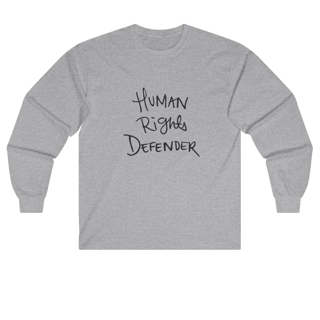 Sport grey Human Rights Defender long sleeve tee, front view.