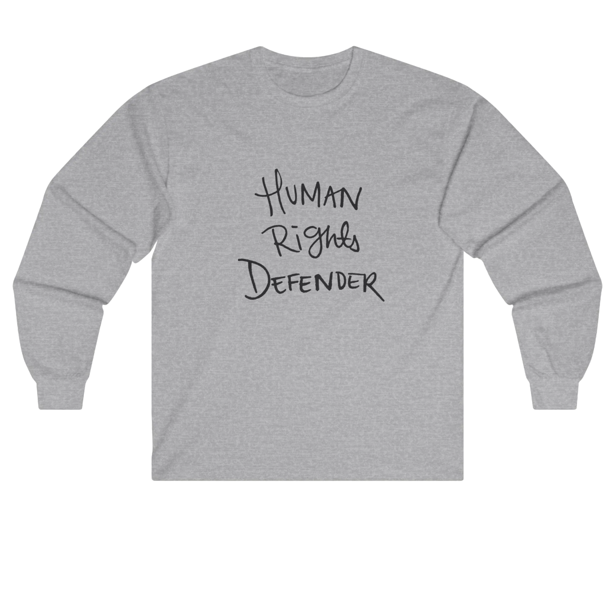 Sport grey Human Rights Defender long sleeve tee, front view.