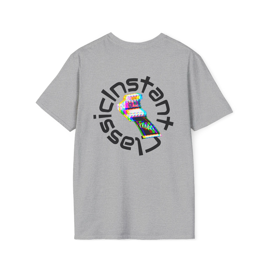 A sport grey t-shirt featuring a glitch art polaroid camera with Instant Classic circular text graphic on the back.