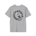 A sport grey t-shirt featuring a glitch art polaroid camera with Instant Classic circular text graphic on the back.