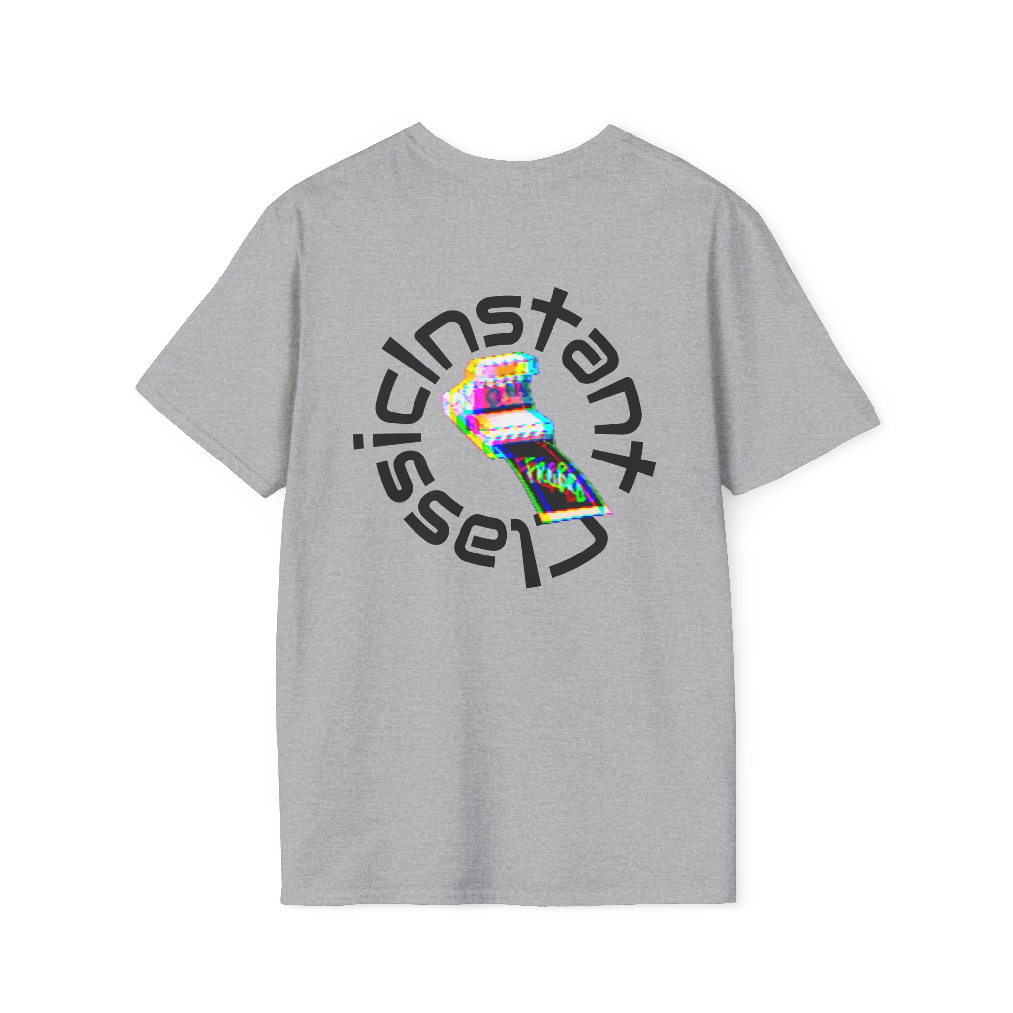 A sport grey t-shirt featuring a glitch art polaroid camera with Instant Classic circular text graphic on the back.