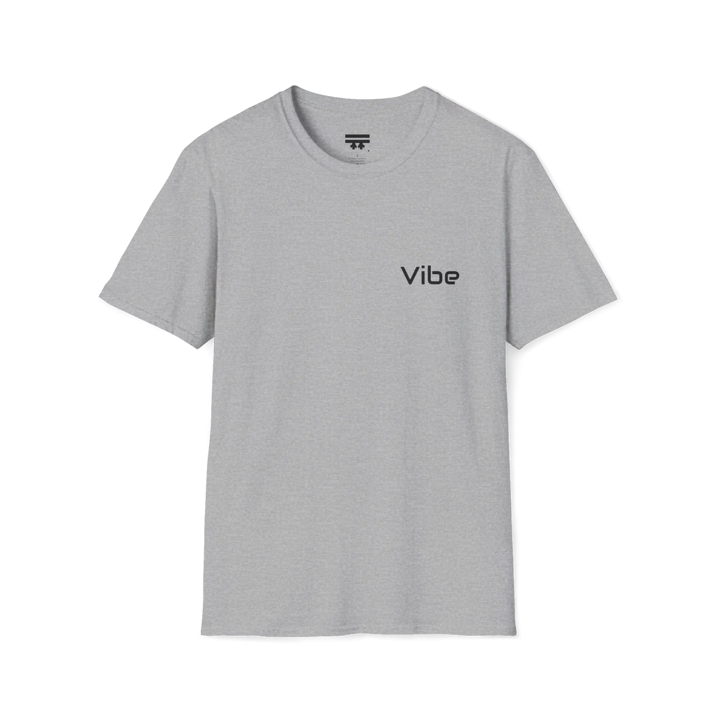A sport grey t-shirt with a white Vibe wordmark on the left chest.