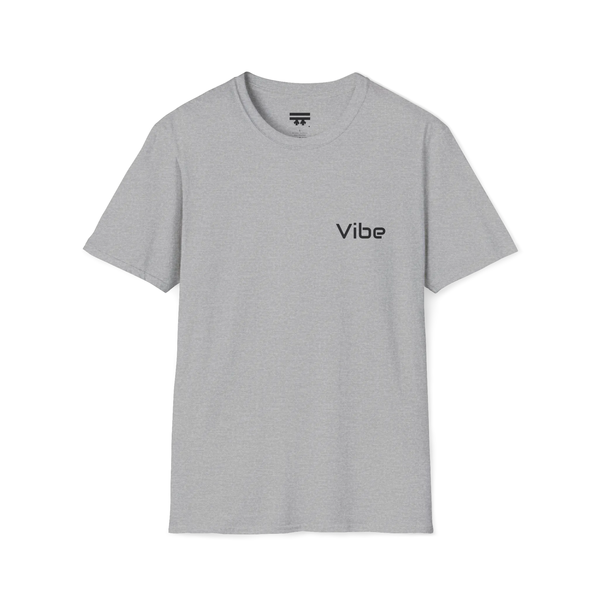 A sport grey t-shirt with a white Vibe wordmark on the left chest.
