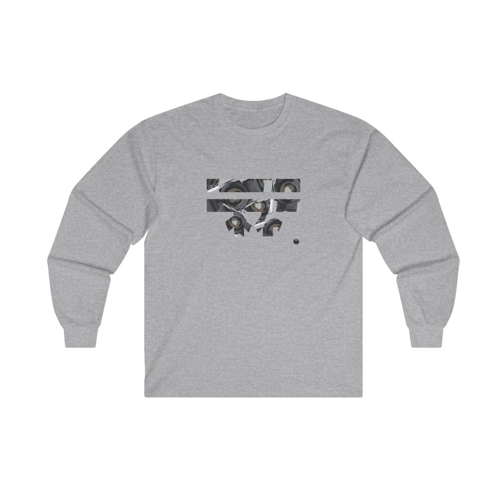 Sport Grey Retro Camera FREEBRD logo long sleeve tee, retro camera lens collage, crew neck, front view.