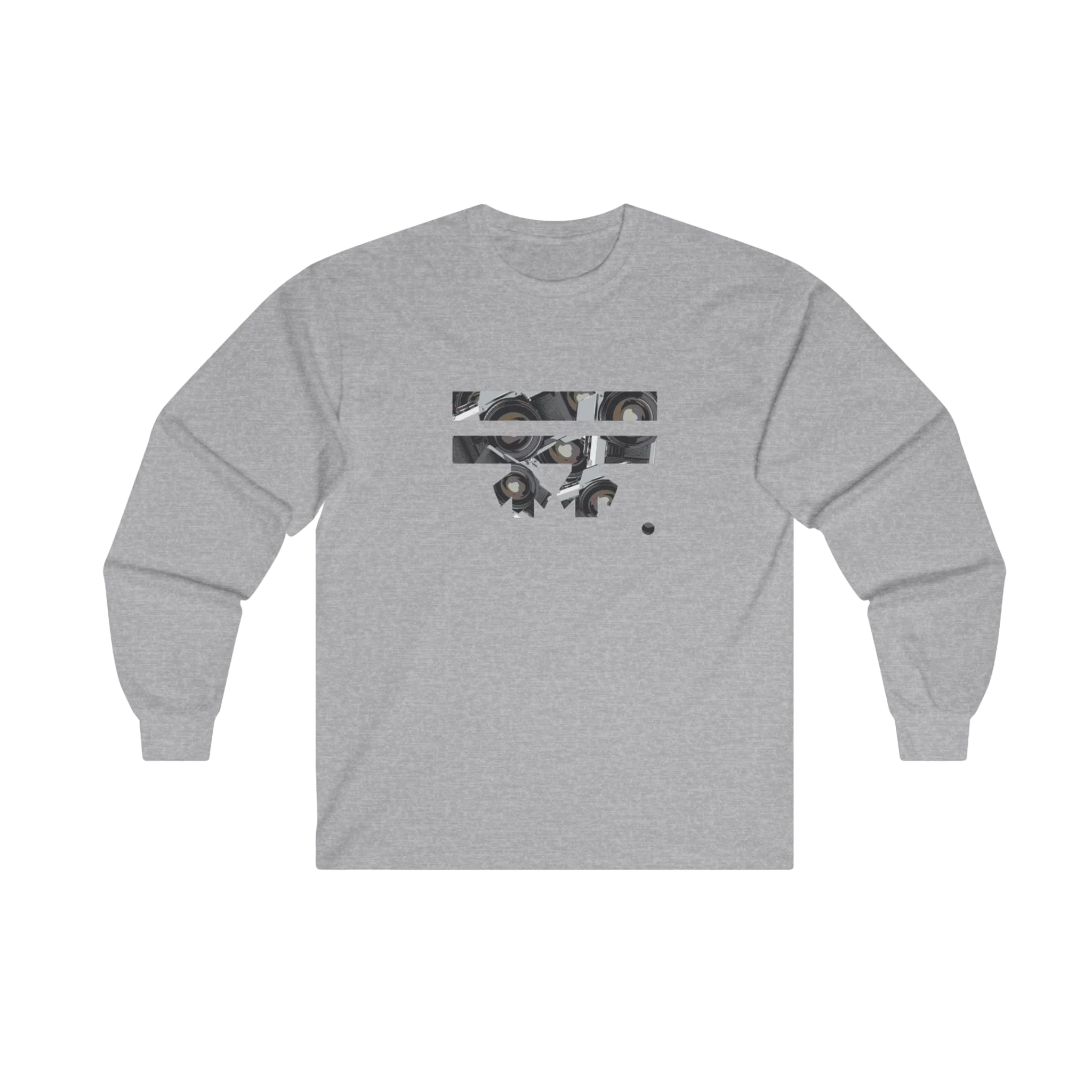 Sport Grey Retro Camera FREEBRD logo long sleeve tee, retro camera lens collage, crew neck, front view.