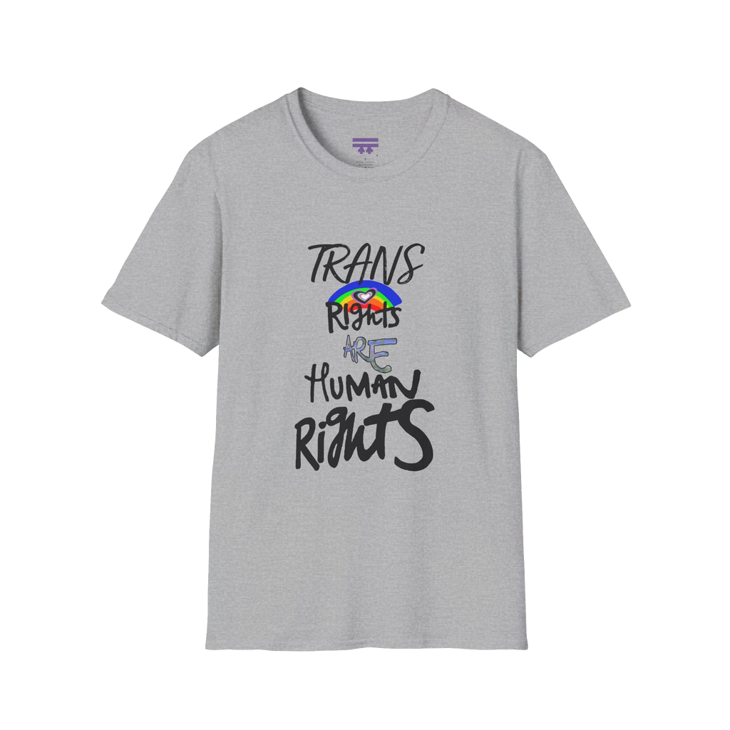A sport grey Trans Rights Are Human Rights T-Shirt — hand-lettered rainbow graphic, front preview — LGBTQ pride tee.