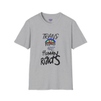 A sport grey Trans Rights Are Human Rights T-Shirt — hand-lettered rainbow graphic, front preview — LGBTQ pride tee.