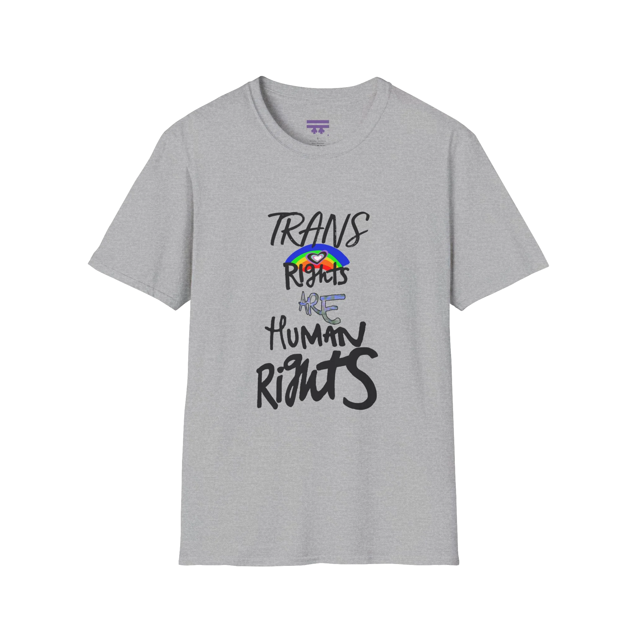 A sport grey Trans Rights Are Human Rights T-Shirt — hand-lettered rainbow graphic, front preview — LGBTQ pride tee.