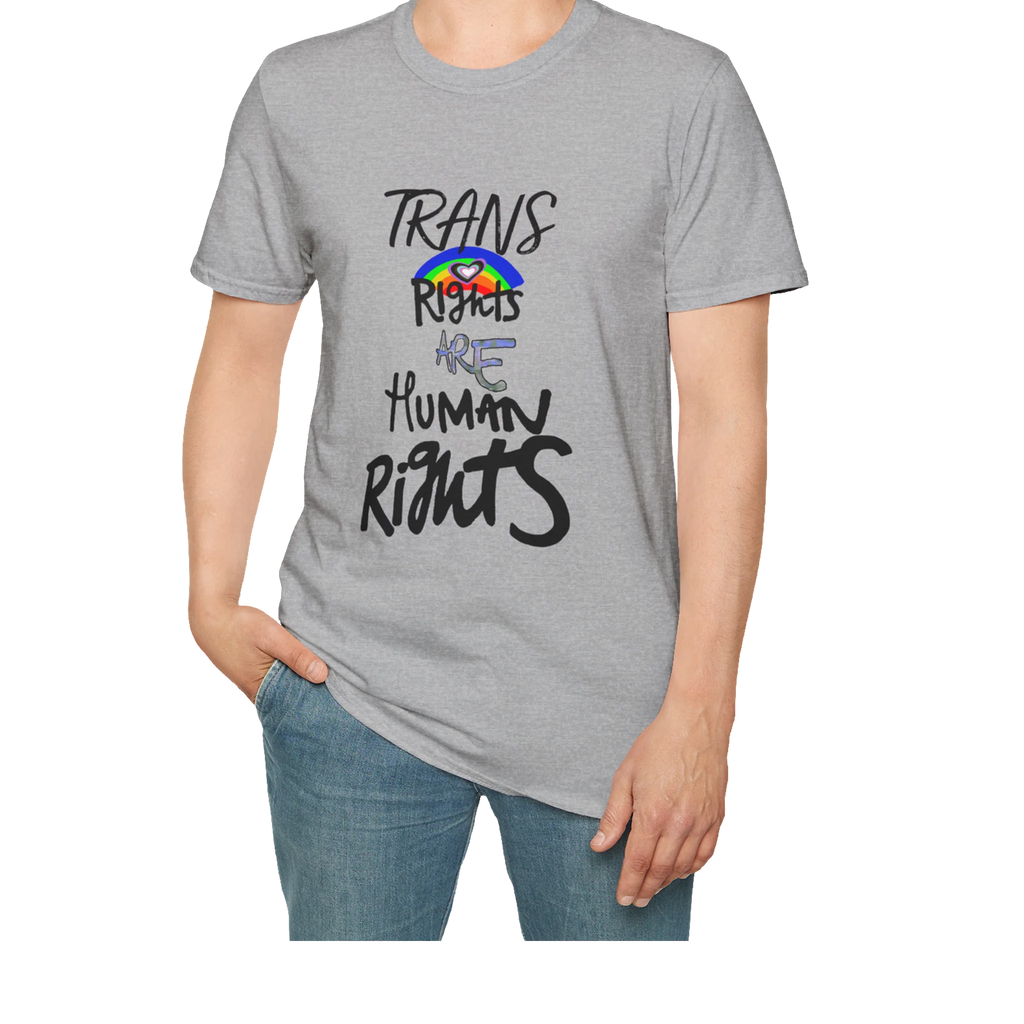 A person wearing the sport grey Trans Rights Are Human Rights T-Shirt — hand-lettered rainbow graphic, front preview — LGBTQ pride tee.