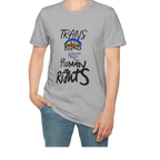 A person wearing the sport grey Trans Rights Are Human Rights T-Shirt — hand-lettered rainbow graphic, front preview — LGBTQ pride tee.